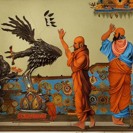 Image similar to hindu monks worshipping giant crow on greek senete baroque painting, lionardo davinchi