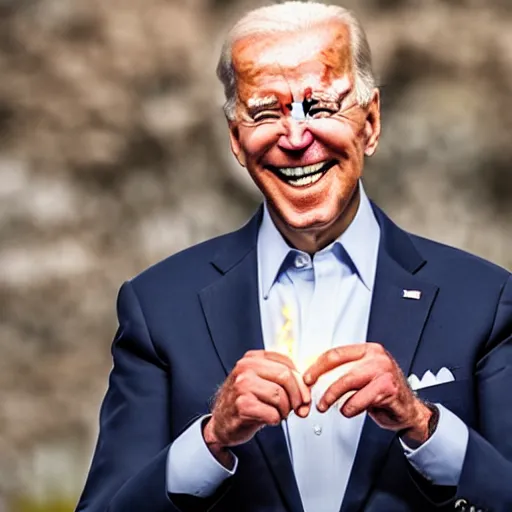 Image similar to joe biden with chiclets in the place of his teeth, his eyes have flames in them, the flames are red and menacing, photorealistic, 5 0 mm,