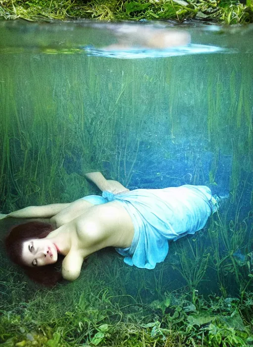 Image similar to lady laying under the river bed amongst the weeds, underwater shot, submerged, medium shot, on the bed of the river preraphaelite colour photography, 8 k