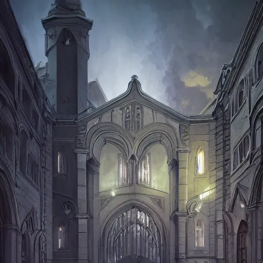 Prompt: modern gothic building made out of dark stone with white arches as a bright high contrast cinematic lighting highly detailed 4 k resolution jesper ejsing