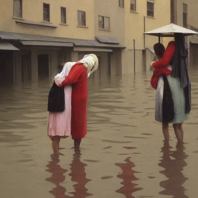 Image similar to two women hugging with a paper bag over the head dressed in plastic bags on flooded streets, highly detailed, artstation, art by, , edward hopper, Zdzislaw Beksinski, highly detailed