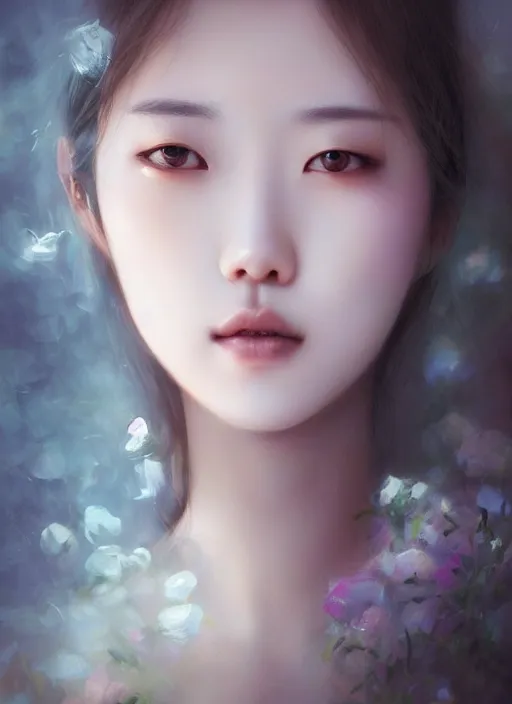 Image similar to of ethereal fantasy, young beautiful Lee Jin-Eun, close up face portrait, medium shot, intricate, elegant, ethereal dreamy light, highly detailed, concept art, smooth, sharp focus, illustration, art by Nicola Samuri