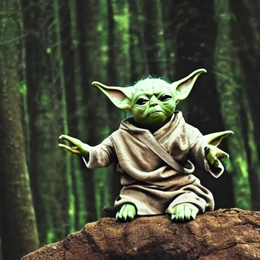 Prompt: stunning awe inspiring, many members of yoda's species interacting with strange creatures and performing rituals, award winning nature photo, 8 k