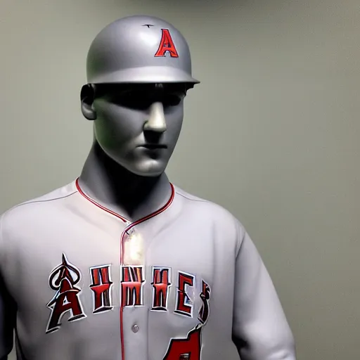 Image similar to “a realistic detailed photo of a guy who is an attractive humanoid who is half robot and half humanoid, who is a male android, baseball player Mike Trout, shiny skin, posing like a statue, blank stare, at a museum, on display”