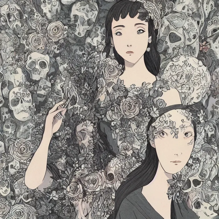 Image similar to young goddess, beautiful symmetrical face detailed face, realistic proportions, wearing a dark grey dress, peering from behind an ( enormous conical pile of skulls )!!! with flowers in the background, lush painting in the style of studio ghibli