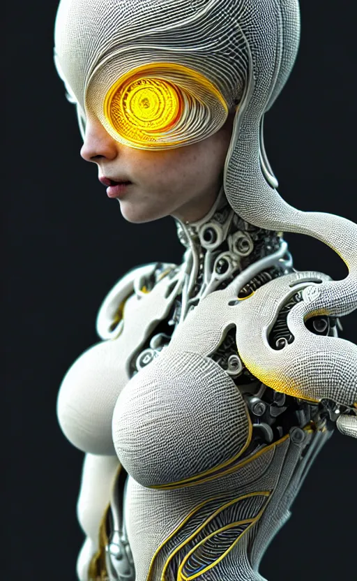 Prompt: intricate hyper detailed ultra sharp 3 d render of a beautiful smooth porcelain seductive cyborg woman portrait, medium shot portrait, bright light, alexandre ferra mecha, deeply cyberpunk art nouveau haute couture huge fractal white silver gold mycelum and yellow pore fungi head ornaments, big embroidered leaves filigree spreaded roots, octane render, volumetric cinematic lighting, 8 k, vray tracing