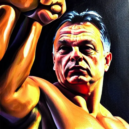 Image similar to viktor orban flexing a biceps, oil painting