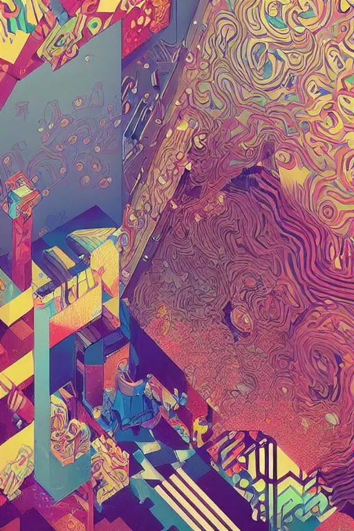 Image similar to a drawing of a room with a staircase, psychedelic art, op art, isometric, voxel art, poster art by victo ngai, ori toor, kilian eng, behance contest winner, crystal cubism, poster art, cubism, tarot card, psychedelic art, concert poster, poster art, maximalist