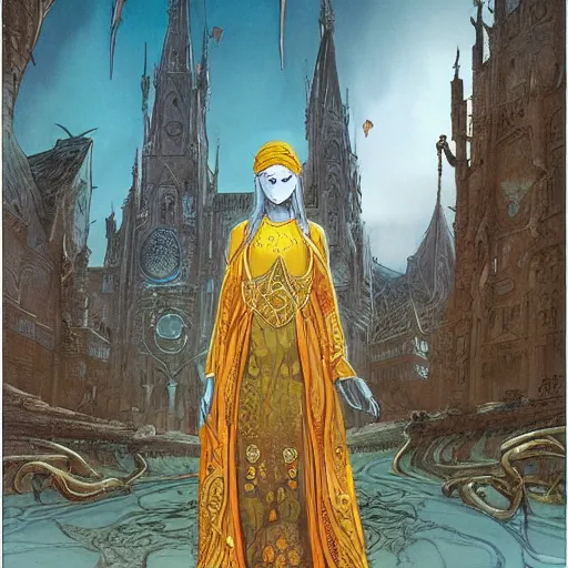 Prompt: high fantasy concept art matte painting by, james jean, charles vess of teenage african female dressed in long gold silk robes with ornate patterned stitching and a metallic teal headband, silver sandals stands on a city road with limestone and silver buildings she carries a silver ball with a thin long silver chain attached to it