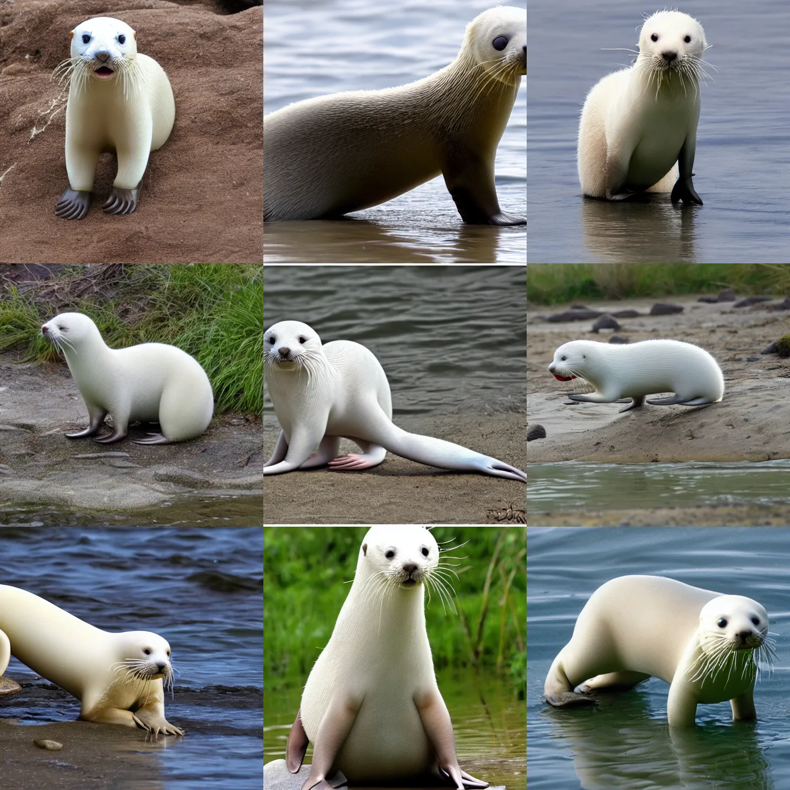 Prompt: bipedal albino amphibious otter seal creature with rabbit ears and a fat tail