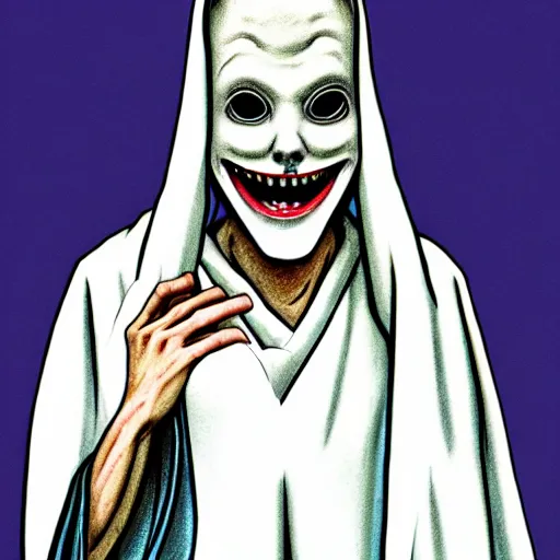 Image similar to A hunched figure wearing white robes with a smiling Greek theater mask, white robes, smiling mask, theater mask, creepy smile, hunched figure, manga art, manga, Junji Ito, Junji Ito artwork, Ito Junji art, 4k