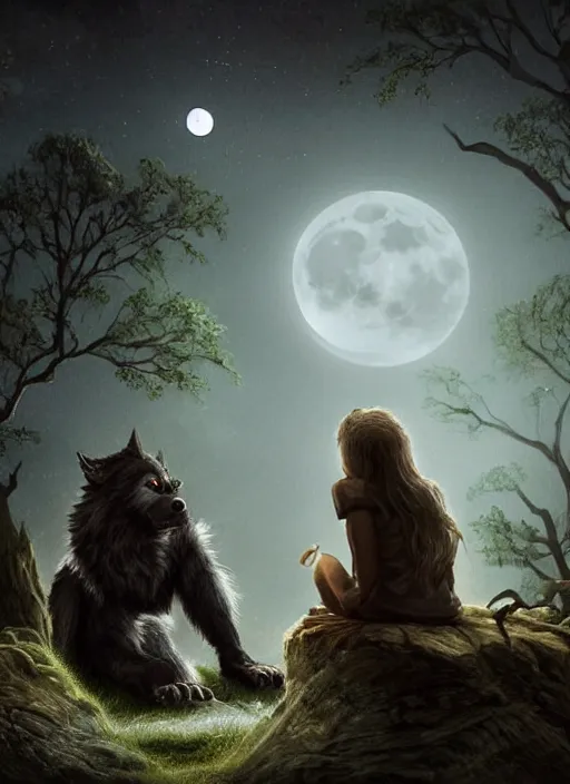 Image similar to a werewolf at night sitting next to a human child in front of full moon, fantasy art, matte painting, highly detailed