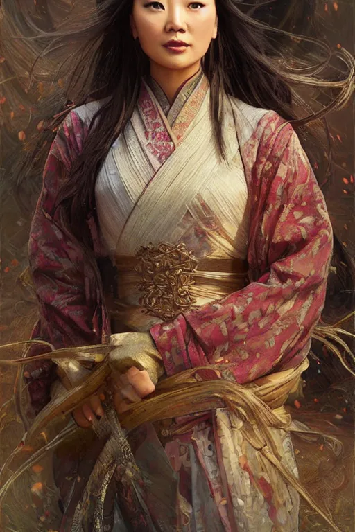 Image similar to mingna wen portrait, wuxia, fantasy, elegant, intricate, by stanley artgerm lau, greg rutkowski, thomas kindkade, alphonse mucha, loish, norman rockwell