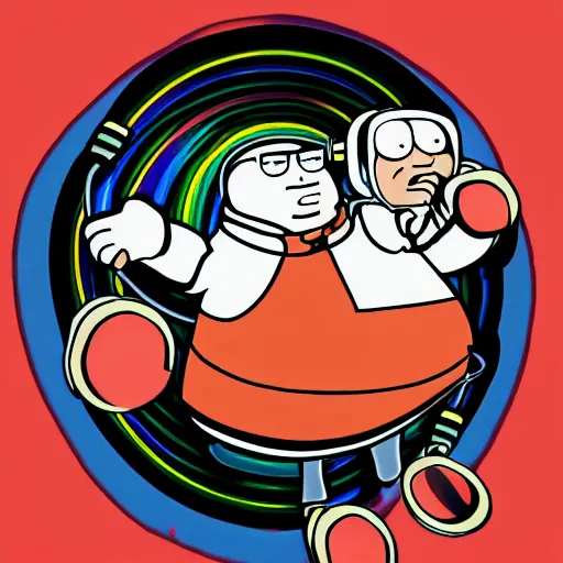 Image similar to svg sticker of a Family-Guy Peter-Griffin at a rave, spinning records, giant headphones rocking out, wearing headphones, huge speakers, dancing, rave, DJ, spinning records, digital art, amazing composition, rule-of-thirds, award-winning, trending on artstation, featured on deviantart