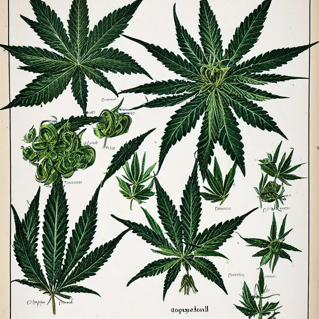 Image similar to botanical illustration of cannabis, botanical illustration
