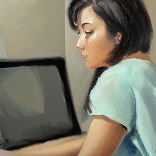 Image similar to painting detailed portrait woman using computer