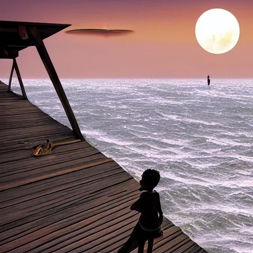 Image similar to A 14-year-old Sudanese girl, standing on the end of a pier in Indonesia, watching Mars appear above the setting sun, low angle, beautiful digital art by Greg Rutkowski