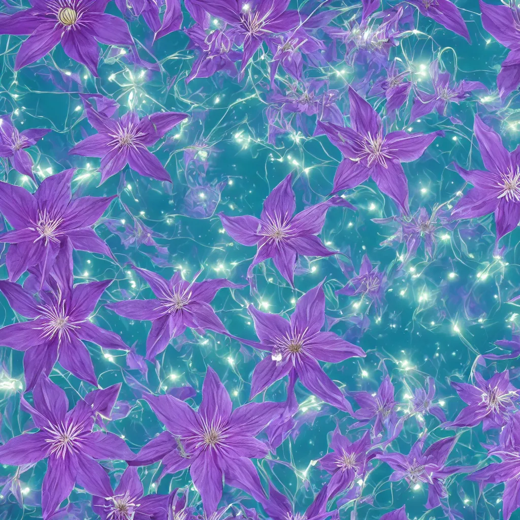 Image similar to clematis theme logo, clematis theme banner, clematis design, clematis in the deep sea, clematis like stars in the sky, trending on artstation, warm light, lovely and cute, fantasy art, 8 k resolution, highly detailed, pattern with optical illusion