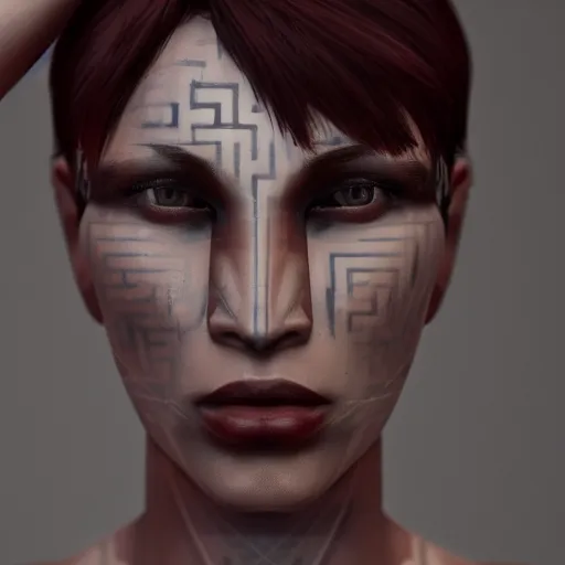 Image similar to : androgynous person with maze pattern skin all over hyper detailed art station  dalle2 contest winners unrealengine trending on artstation,cinematic, hyper realism, high detail, octane render, 8k