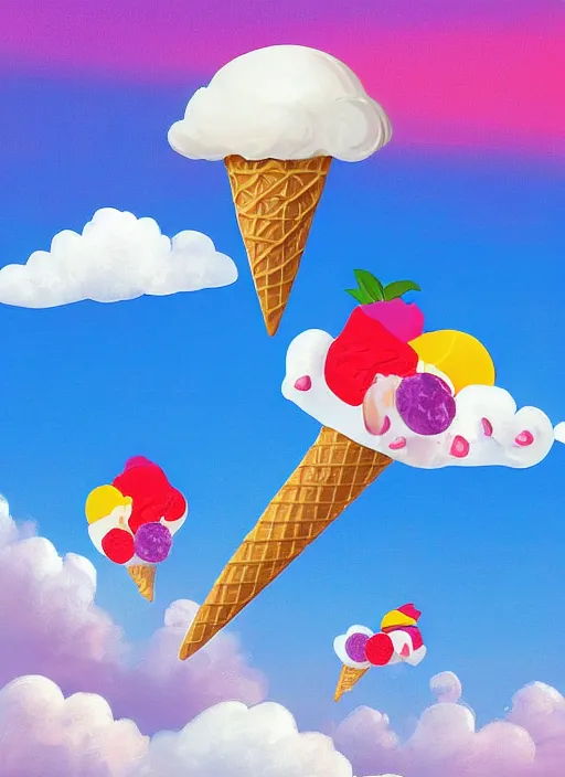 Prompt: ice cream floating in the sky over a tropical island by ralph goings, digital art