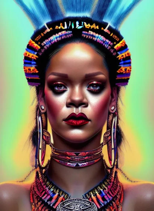 Image similar to portrait of rihanna, hyper detailed ultra sharp aztec shaman warrior. trending on artstation, warpaint aesthetic, bloodwave, colorful, psychedelic, ornate, intricate, digital painting, concept art, smooth, sharp focus, illustration, art by artgerm and greg rutkowski and h. r. giger, 8 k