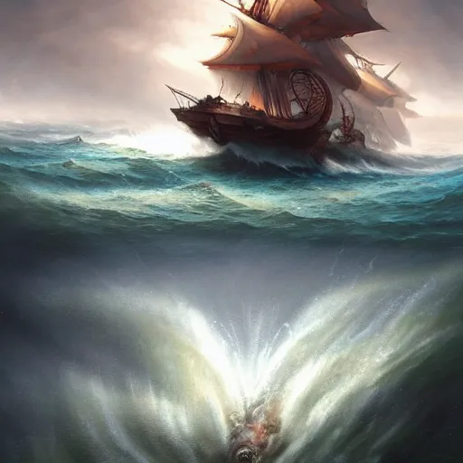 Image similar to An octopus emerging from the stormy ocean depths attacking a 17th century Ship-of-the-line, atmospheric, dramatic, concept art by Peter Mohrbacher