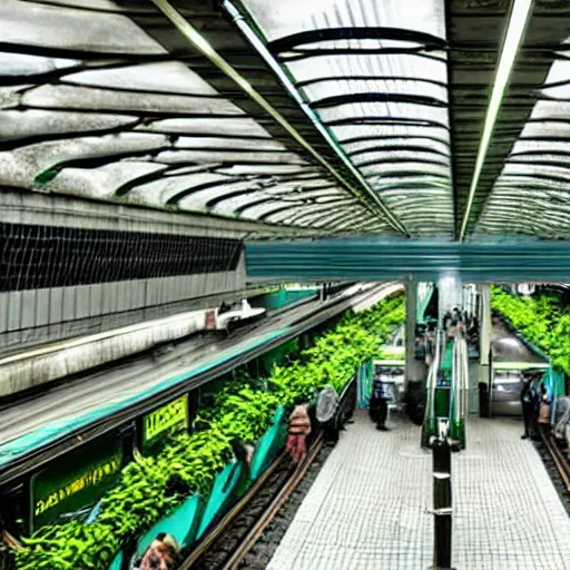 Image similar to subway station, lots of green, plants, ecofuturism