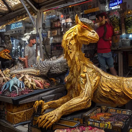 Image similar to buying a griffin at a market in istanbul, hyper detailed, dramatic lighting, cgsociety, realistic, hyper detailed, insane details, intricate, dramatic lighting, hypermaximalist, golden ratio, rule of thirds, octane render, weta digital, micro details, ultra wide angle, artstation trending, 8 k,