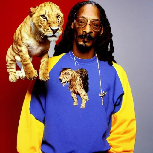 Image similar to Snoop Dogg holding a Lion for a 1990s sitcom tv show, Studio Photograph, portrait, C 12.0