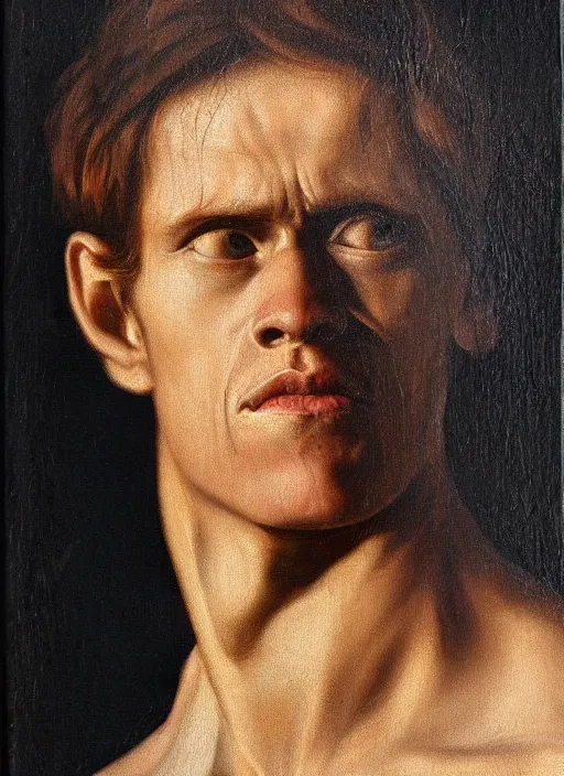 Image similar to portrait painting of young willem dafoe, renaissance oil painting, studious chiaroscuro