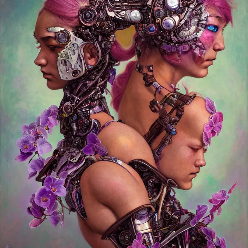 Image similar to alexa demie as a fae cyborg warrior, orchid, portrait face, colorful, kupka, intricate, miles johnston, kuroda seiki, ozabu, godward, painterly, yoshitaka amano, moebius, miles johnston, louise zhang, james jean, mark ryden lowbrow pop surrealism art style, 4 k,