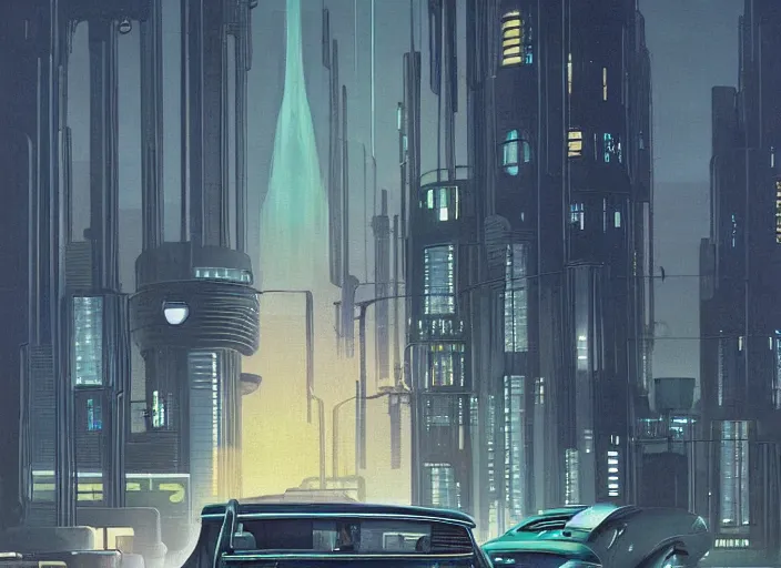 Image similar to a car driving down a street next to tall forest the night, cyberpunk art by Chesley Bonestell, cgsociety, retrofuturism, matte painting, reimagined by industrial light and magic