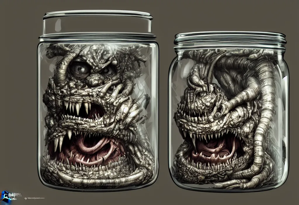 Image similar to Photorealistic miniature monster inside a jar on clean background by H.R. Giger, KDA and Sam Yang, trending on artstation