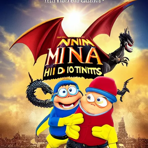 Prompt: a movie poster where the minons are fighting a dragon, the title of the movie is hi anna