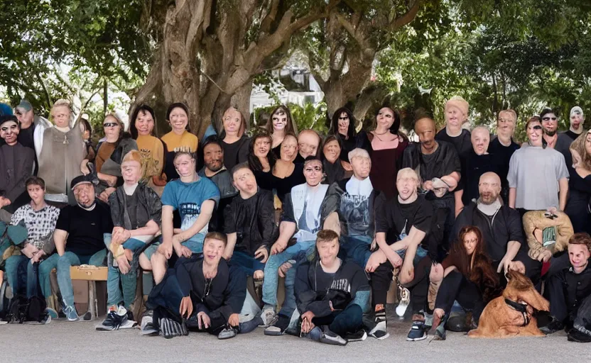 Image similar to a group photo where everyone is sitting. Only the Real Slim Shady is standing up.