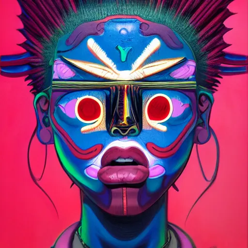 Image similar to teenage citizen portrait soft light painted by james jean and katsuhiro otomo and erik jones, inspired by tribal voodoo mask anime, smooth face feature, intricate oil painting, high detail illustration, sharp high detail, manga and anime 1 9 9 9