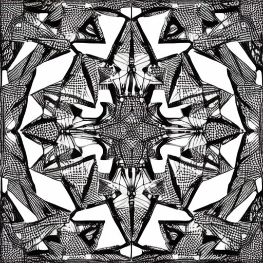 Prompt: high resolution, black and white, symmetric , low Polly, ancient patterns coming from deep within the between