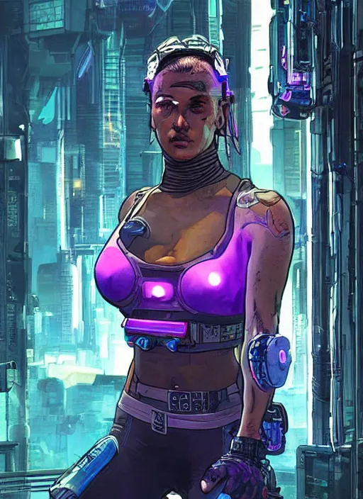 Prompt: maria. apex legends cyberpunk weight lifter. concept art by james gurney and mœbius. gorgeous face, cinematic, dramatic lighting ( cyberpunk 2 0 7 7 ), clean aesthetic