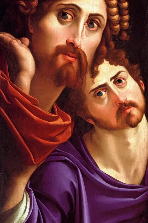 Prompt: renaissance painting of evil men, portrait, face closeup, emotions closeup, dressed in roman clothes, the beautiful garden with lavender bush everywhere, ultra detailed, art by guido reni style, vincenzo catena style