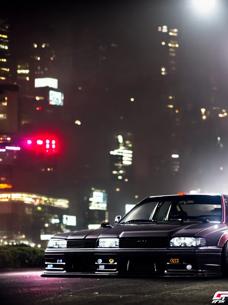 Image similar to a car JZX100 twin turbo drift at illegal car meet, Shibuya prefecture, city midnight mist lights, cinematic lighting, photorealistic, highly detailed wheels, high detail