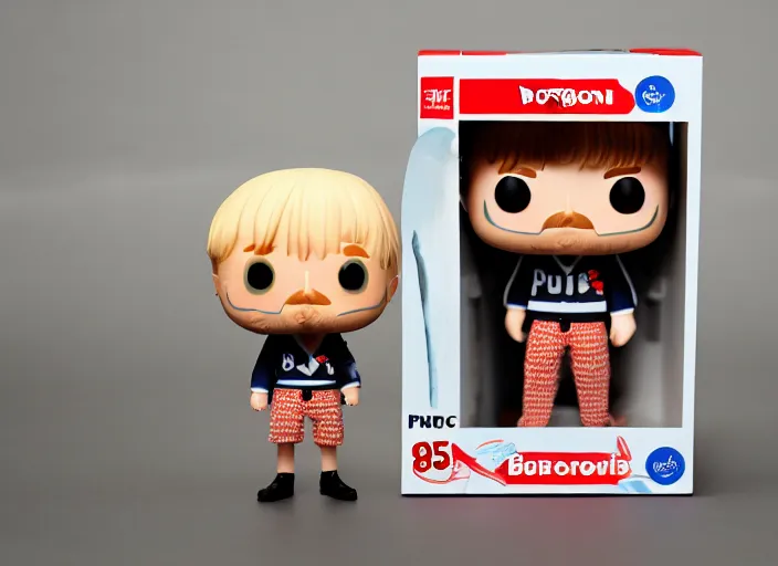 Prompt: product still of Boris Johnson funko pop with box, 85mm f1.8