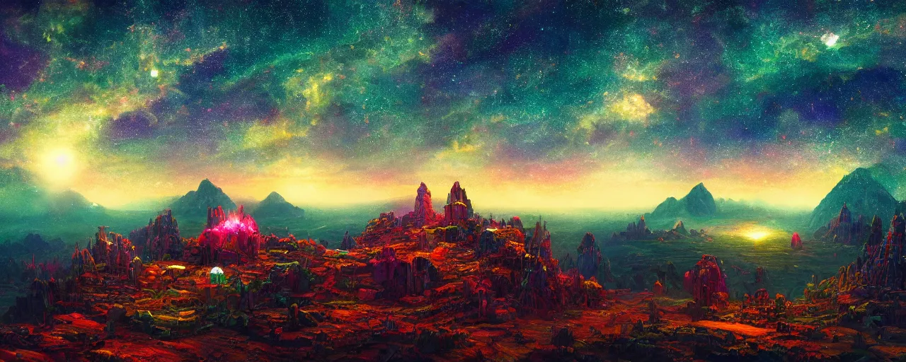 Image similar to top of the holy mountain at night with sky full of stars, [ cinematic, detailed, epic, widescreen, opening, establishing, mattepainting, photorealistic, 4 k, octane render, art by paul lehr ]