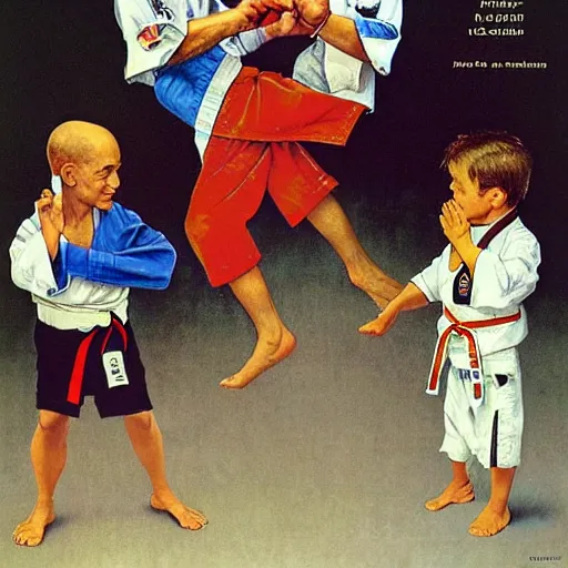 Prompt: benjamin netanyahu karate chopping a kid while wearing karate uniform, by michael cheval and norman rockwell, highly detailed