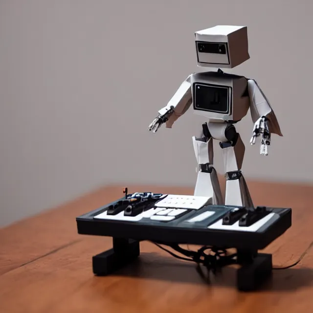 Prompt: a photograph of an origami of a cool robot playing a roland synthesizer on top of a wooden table