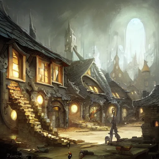 Image similar to buildings had built from stone blocks, with tile roofs, and simple, peaked wooden roofs. the structures were packed closely together, making them seem squat. the tenements and shops were uniform in appearance ; by peter mohrbacher
