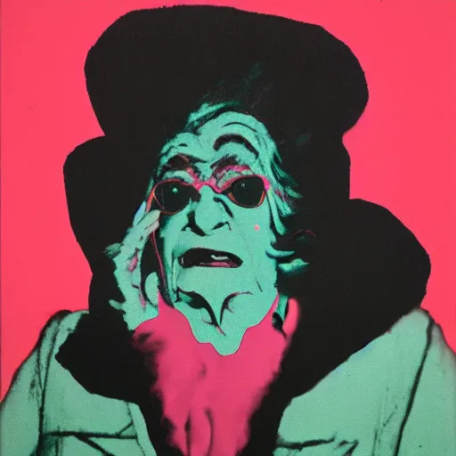 Prompt: individual screaming dame edna everage silk screen francis bacon