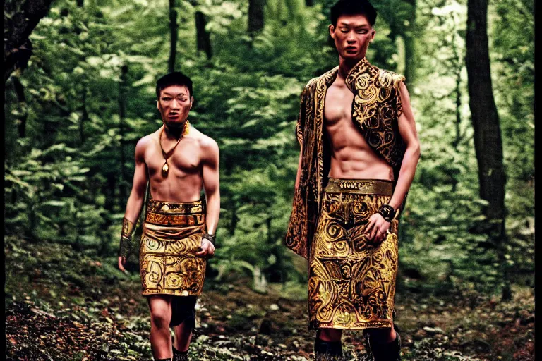 Prompt: versace avant garde male roman toga intricate textiles streetwear cyberpunk asian american in the woods overcast late evening dramatic 3 5 mm professional color