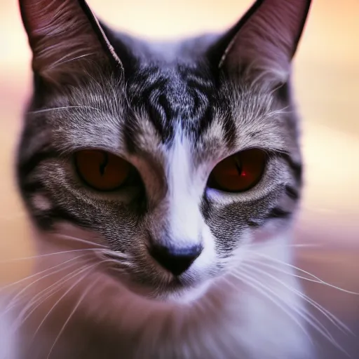 Image similar to A cat with red eyes and fangs staring at the camera, 4k.