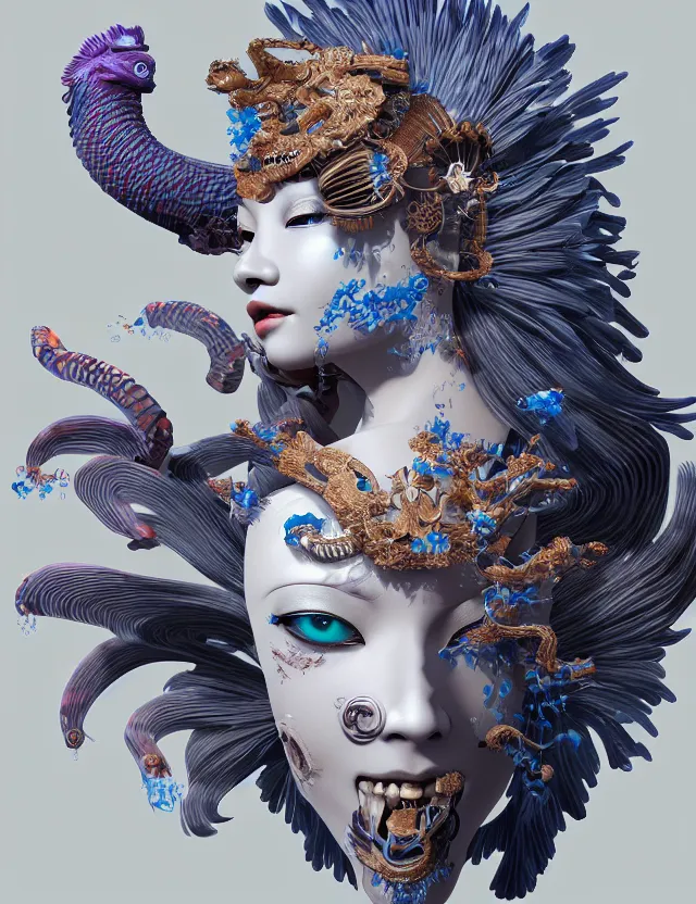 Image similar to 3 d goddess close - up frontal portrait with ram skull. beautiful intricately detailed japanese crow kitsune mask and clasical japanese kimono. betta fish, jellyfish phoenix, bio luminescent, plasma, ice, water, wind, creature, artwork by tooth wu and wlop and beeple and greg rutkowski