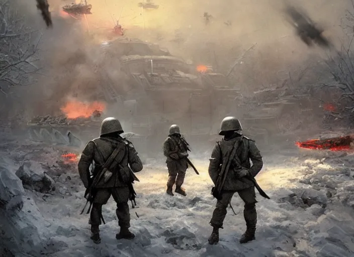Image similar to soviet soldiers fighting against nazi t - 8 0 0 terminator robots in world war two eastern front setting, dieselpunk, winter concept art, artstation, stephen bliss, unreal engine, art by greg rutkowski, pixar, global illumination, radiant light, detailed and intricate environment